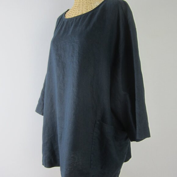 Pure J Jill Womens Plus 2X Dark Navy Indigo Blue 100% Linen Tunic Pockets Shirt - Picture 2 of 10